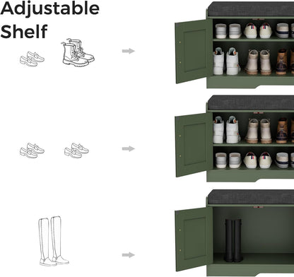 Homleke 2-Tier Storage Bench, Shoe Bench with Thickened Padded Seat Cushion, Entryway Bench with 4 Doors, Adjustable Shelf, 13.8" D x 45.3" W x 18.5" H, for Entryway, Living Room, Bedroom, Green