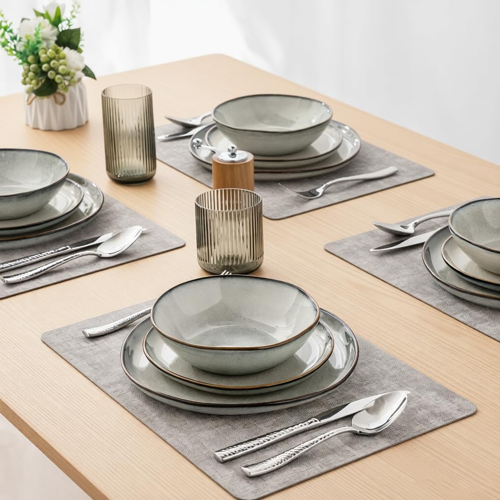 AmorArc Ceramic Dinnerware Sets,Handmade Reactive Glaze Stoneware Plates and Bowls Sets,Highly Scratch Resistant | Dishwasher & Microwave Safe Dishes Set,Service for 4 (12pc)