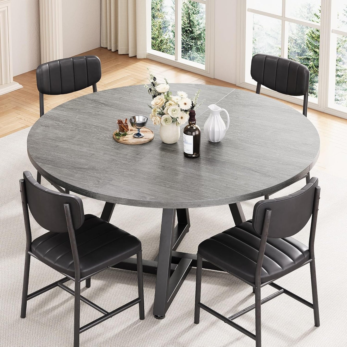 Jocoevol 51“ Round Kitchen Dining Room Table for 6-8, Circle Dining Dinner Table with Pedestal Metal Frame, Space Saving Wood Industrial Furniture for Small Space (Grey, 51In)