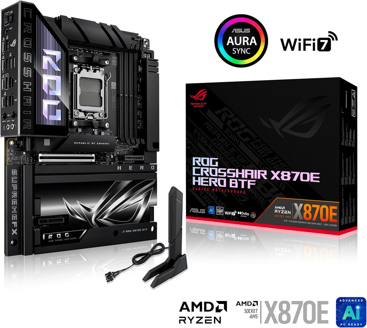 ROG Crosshair X870E Hero BTF AMD ATX Board with Hidden-Connector Design & high-Power GPU Slot for Clean Cable Management, 18+2+2 Power, DDR5, WiFi 7, 5X M.2, PCIe 5.0, USB4, Advanced AI PC Ready