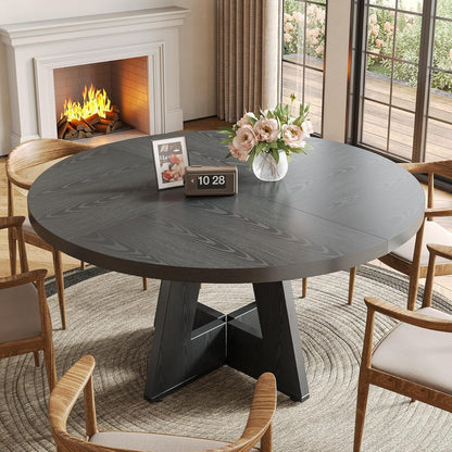 LITTLE TREE Round Dining Table for 4-6 People, 47 Inches Dining Room Table with Wooden Pedestal Base, Black Dinner Tables, Circle Kitchen Tables for Dining Room, Kitchen, Living Room