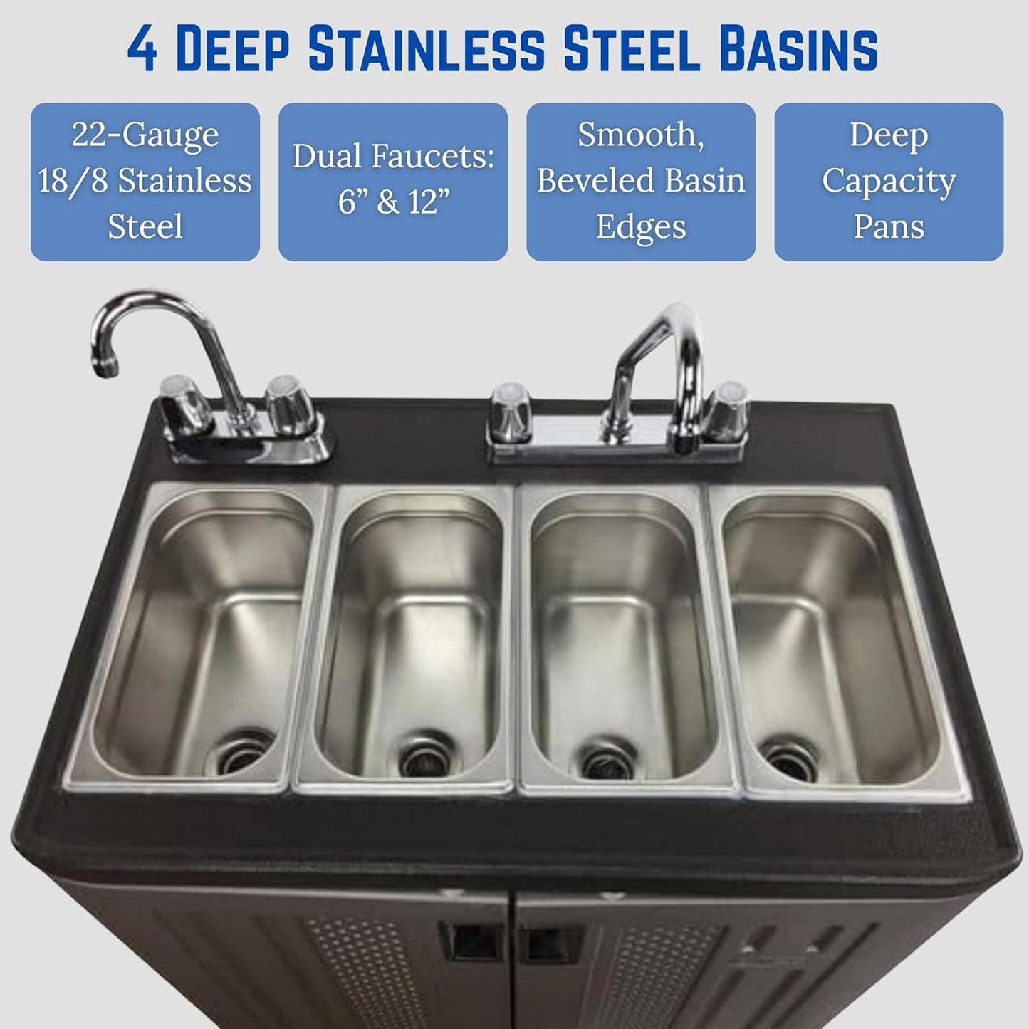 Concession Sinks - Portable Sink Hand Wash Station, 4 Compartment Basin with Hot Water, Standard Size, Food Trailer Equipment, Free Standing Utility Sink, Hand Washing Station