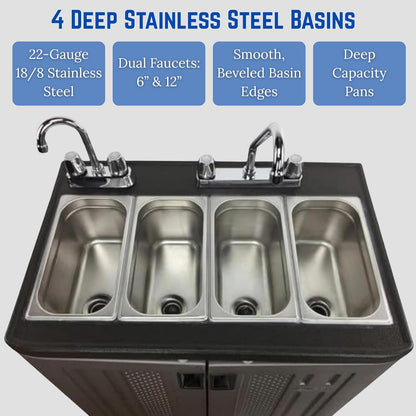 Concession Sinks - Portable Sink Hand Wash Station, 4 Compartment Basin with Hot Water, Standard Size, Food Trailer Equipment, Free Standing Utility Sink, Hand Washing Station