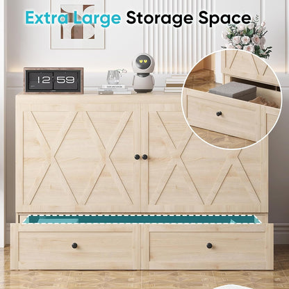 CECER Queen Size Murphy Bed with Tri-Folding Mattress .Murphy Bed with Charging Station and Two Large Storage Drawers for Small Spaces/Bedroom（Natural Wood）-Mattress Include