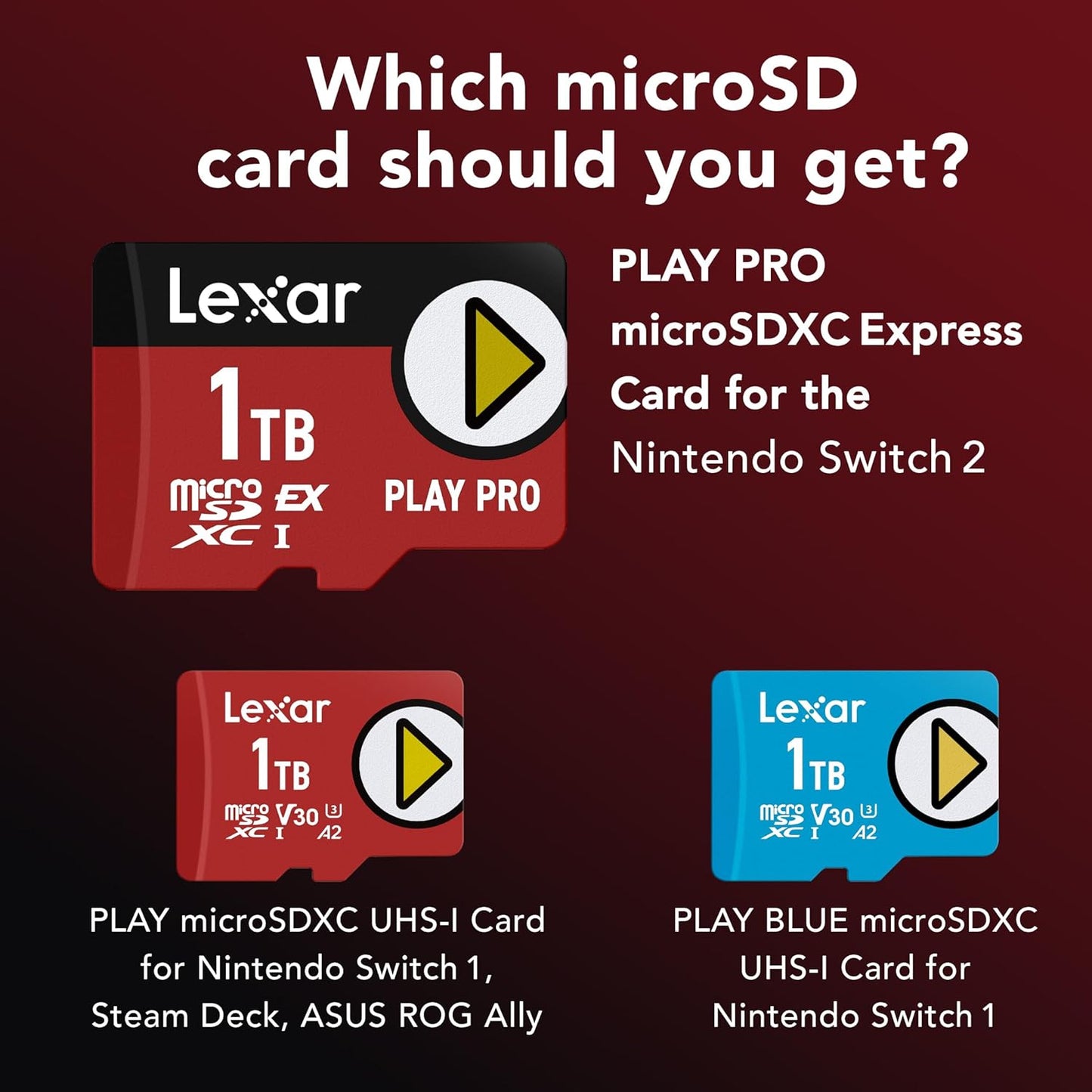 Lexar 1TB Play PRO microSD Express Card, UHS-I, C10, U3, V30, Full HD, 4K, Up to 900/600 MB/s Memory Card, Nintendo-Switch 2, ASUS ROG Ally, Steam Deck (LMSXPS0001T-BNNNU)
