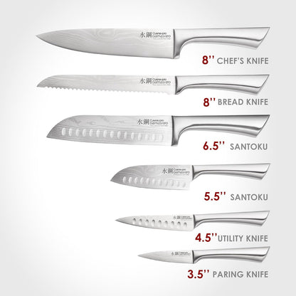 Cuisine::pro Damashiro Knife Block (Kumi, 7-Piece Chef Knife Set) - Japanese Steel Knife - Magnetic Knife Block- Damascus-Inspired Blade Kitchen Knives
