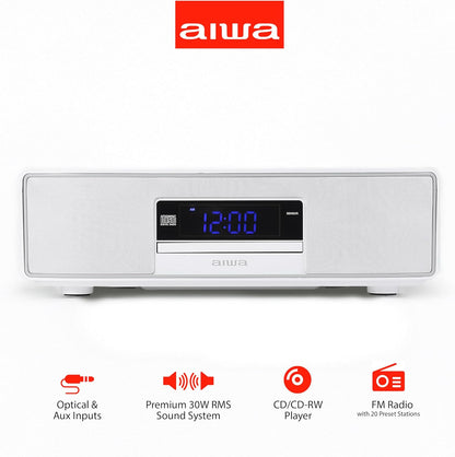 AIWA - Exos Home Speaker, Premium 30W RMS Sound System with CD Player, Bluetooth Connectivity, FM Radio, Optical Digital Input, Dual 1” Tweeters + Dual 2” Bass Units, IR Remote Control