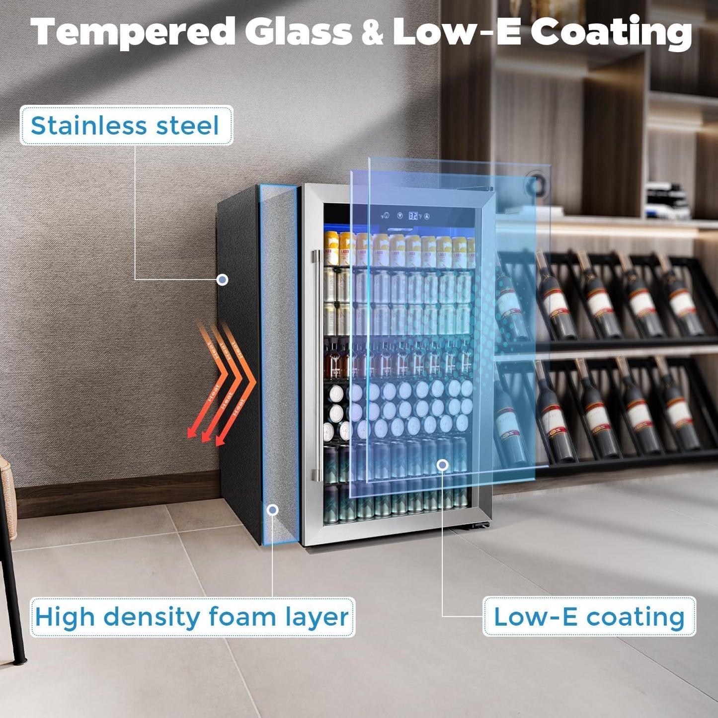 COWSAR 4.5 Cu.Ft Wine Fridge 37 Bottle, ETL Approved Freestanding Wine Cooler 145 Can Beverage Refrigerator with Stainless Steel Reversible Glass Door, Drink Fridge for Home Bar, Kitchen, Game Room