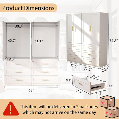 White Wardrobe with 4 Doors: 75" Tall Armoire Wardrobe Closet with 6 Drawers, Bedroom Closet Cabinet for Hanging Clothes, Wooden Storage Armoire with Shelves (Modern, 2)