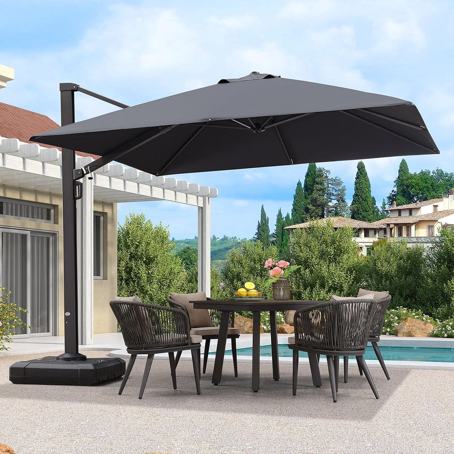 PURPLE LEAF 10 FT Square Patio Umbrella Large Outdoor Aluminum Offset Umbrella with 360-degree Rotation Cantilever Umbrella for Garden Deck Backyard Pool, Grey