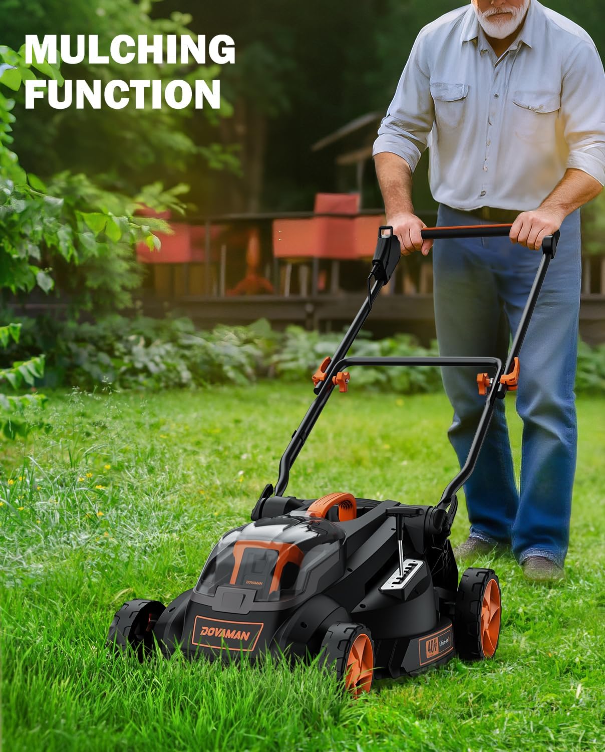 DOVAMAN LD40A 19" Cutting Deck Brushless Lawn Mower, 40V Powerful Cordless Lawn Mower, Effortless Single-Lever Height Adjustment, 3-Step Foldable Handle & Vertical Storage, 2-in-1 Mulching & Bagging