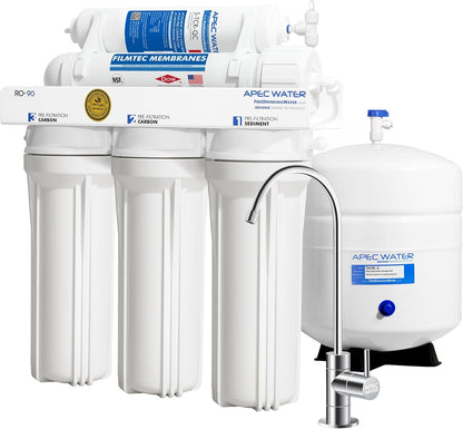 APEC Water Systems RO-90 Ultimate Series Top Tier Supreme Certified High Output 90 GPD & TANK-14 14 Gallon Pre-pressurized Reverse Osmosis Water Storage Tank
