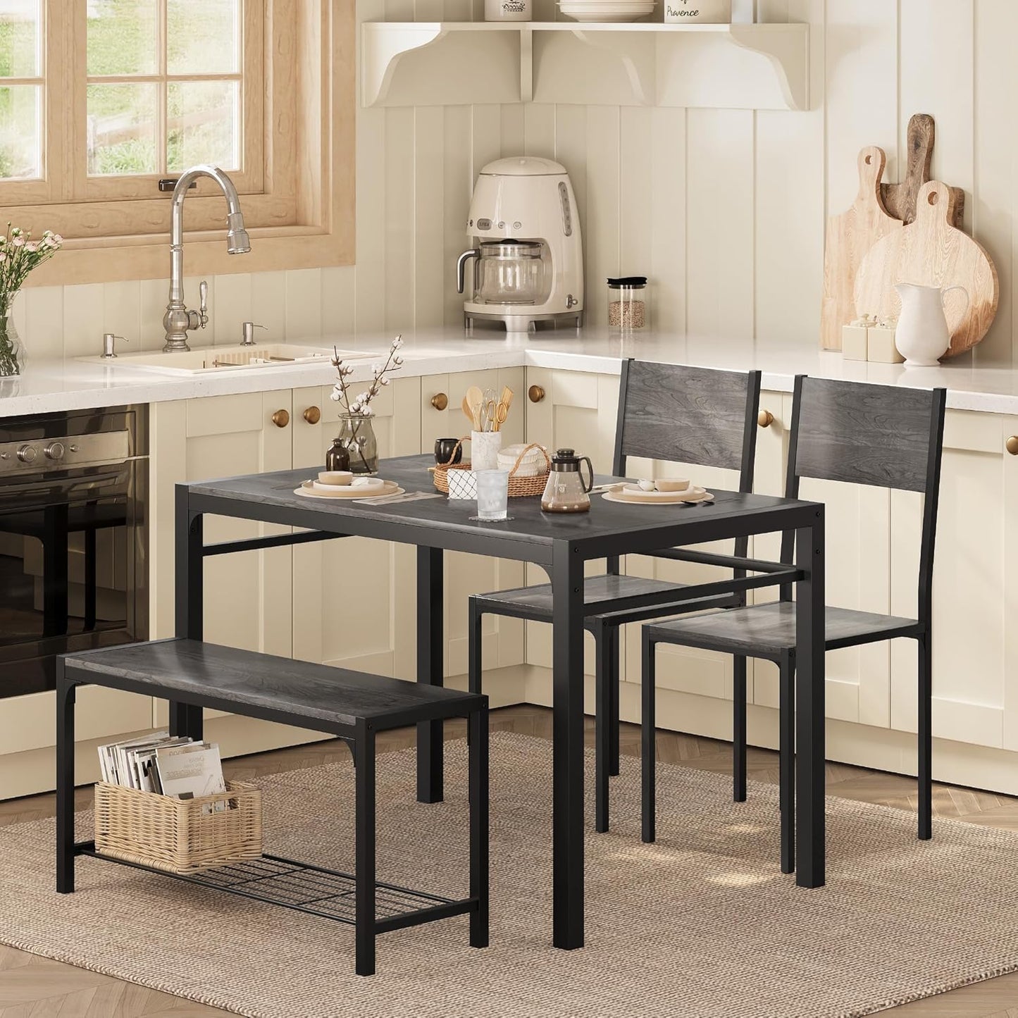 Shahoo Kitchen Table and 2 Chairs for 4 with Bench, 4 Piece Dining Sets for Small Space, Dark Grey